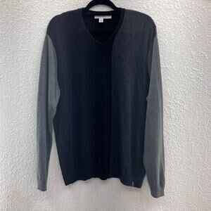 Calvin Klein Gray Black Colorblock Lightweight Knit Cotton Blend V Neck Sweater